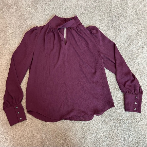 RW&CO Maroon Burgundy pleated Twisted-Mockneck peephole Blouse long sleeve Sz M - Picture 5 of 12